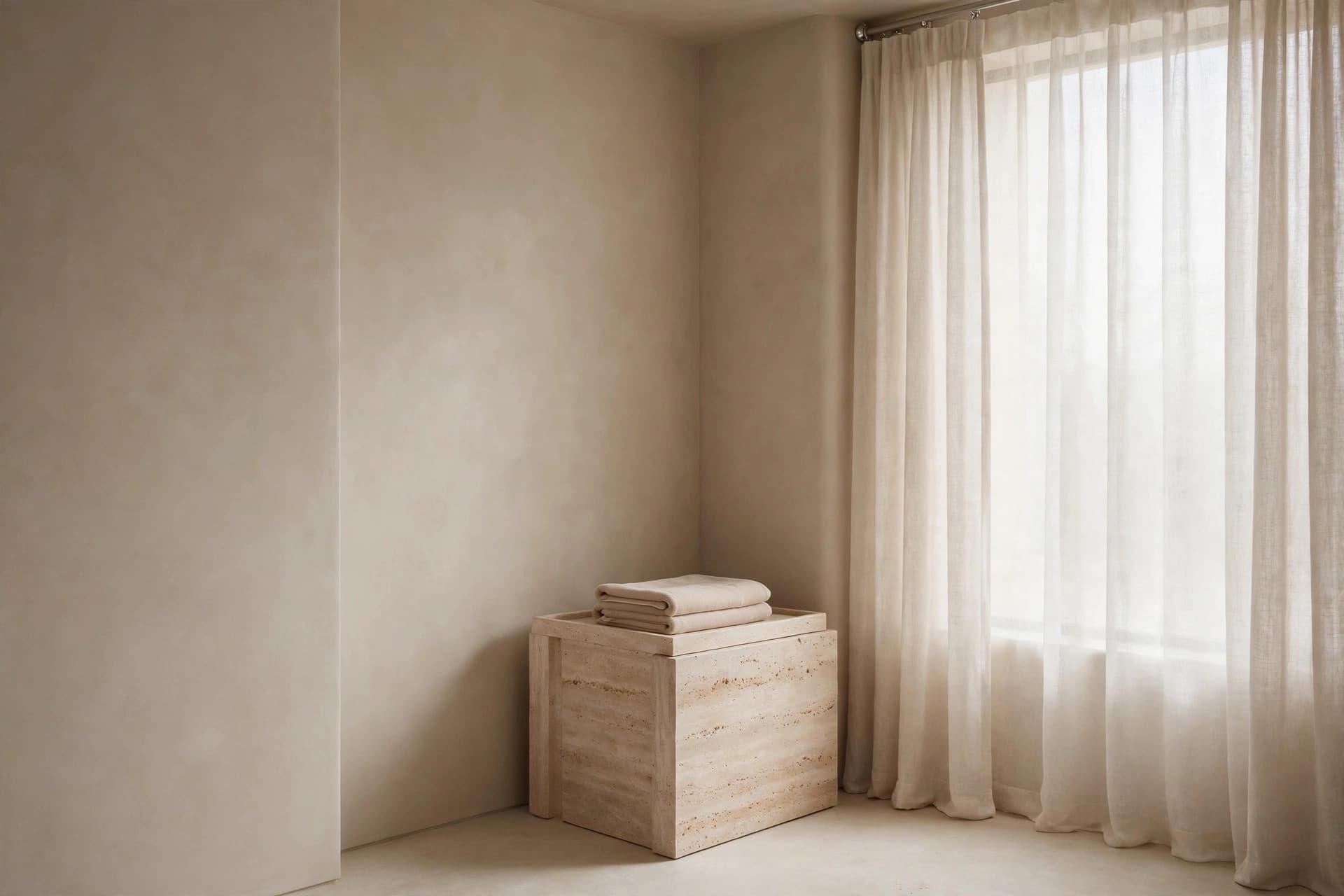 A quiet room in soft daylight: sheer linen curtains, a travertine side table, folded towels
