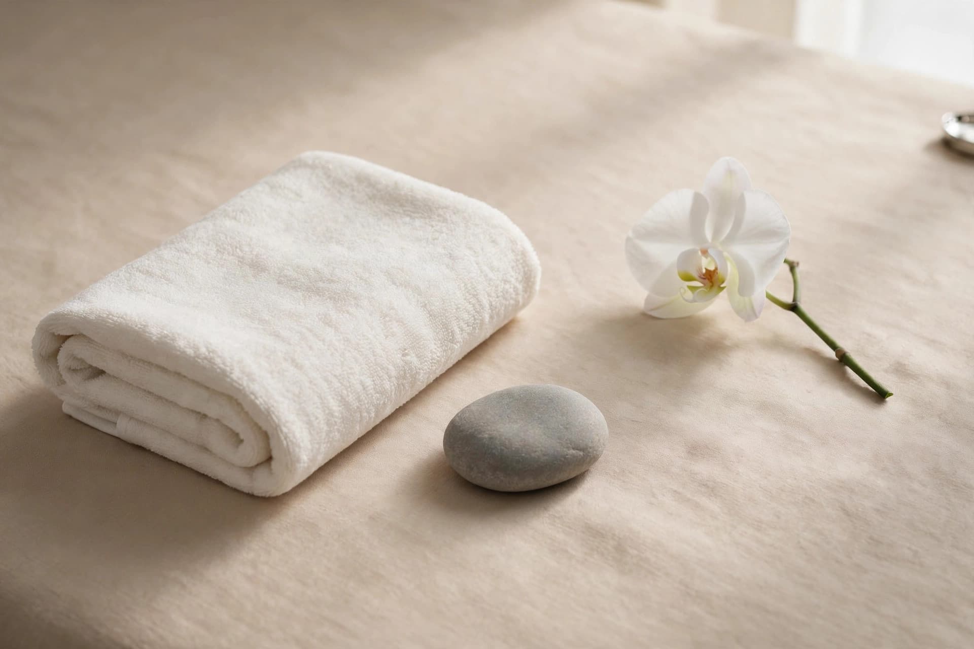 A folded white towel, a smooth grey stone and a single white orchid on a linen treatment bed